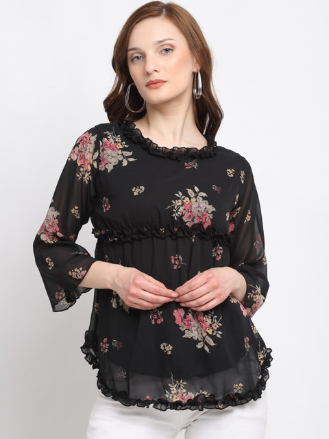 

KLOTTHE Women Black & Multicolour Floral Print Empire Poly Cotton Top