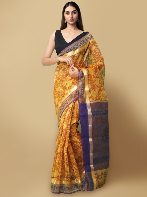 

Unnati Silks Orange & Blue Hand Block Print Supernet Saree