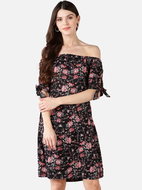 

FIVE STONES Black & Red Floral Off-Shoulder A-Line Dress