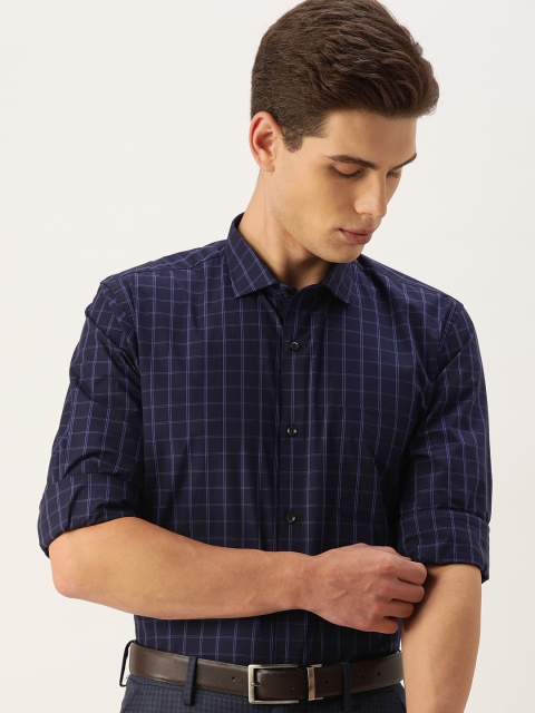

Peter England Men Navy Blue Slim Fit Grid Tattersall Checked Formal Shirt