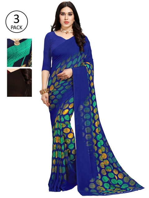 

KALINI Pack Of 3 Poly Georgette Printed Sarees, Green