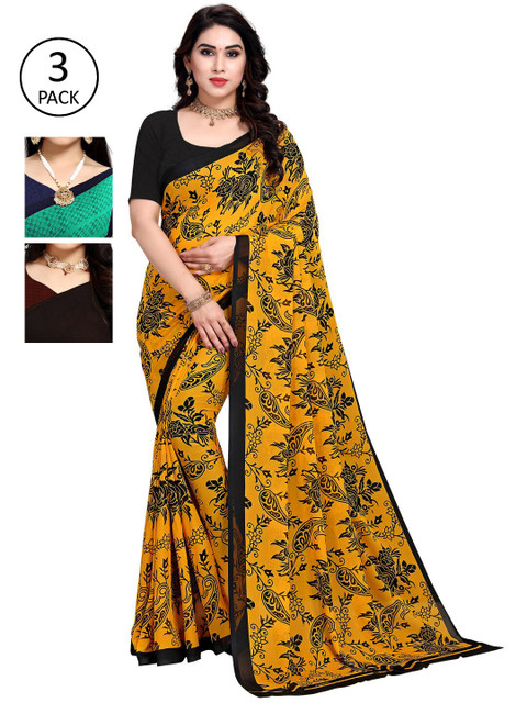 

KALINI Women Pack of 3 Poly Georgette Printed Saree, Teal