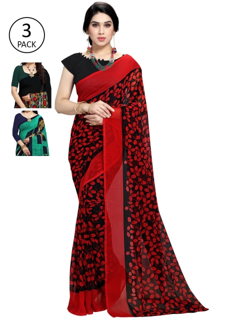 

KALINI Pack Of 3 Printed Poly Georgette Sarees, Red