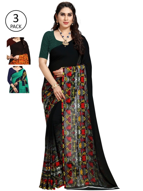 

KALINI Pack Of 3 Printed Sarees, Black