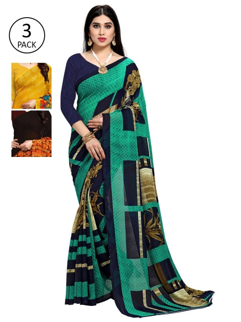 

KALINI Pack Of 3 Printed Poly Georgette Sarees, Blue