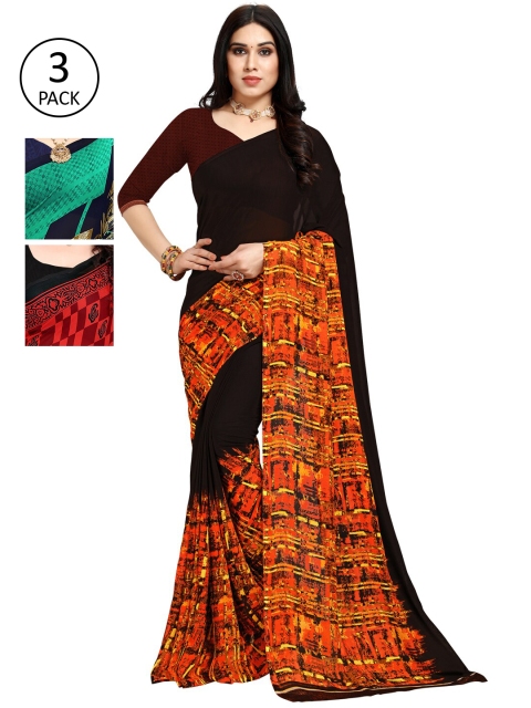 

KALINI Pack of 3 Green & Red Printed Poly Georgette Sarees