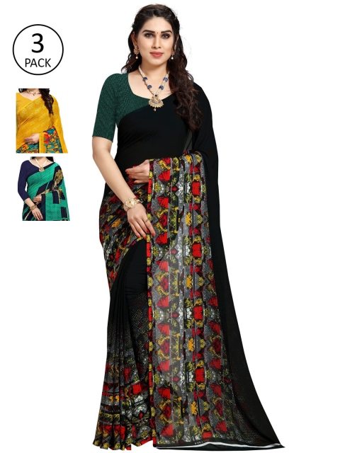 

KALINI Pack of 3 Poly Georgette Sarees, Green
