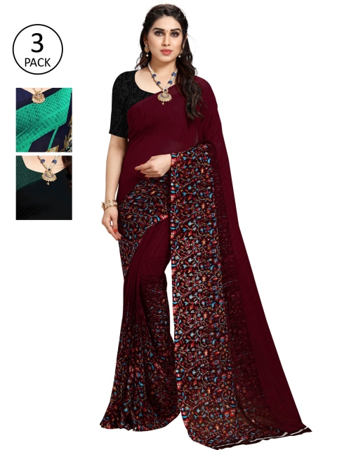 

KALINI Pack of 3 Poly Georgette Sarees, Navy blue