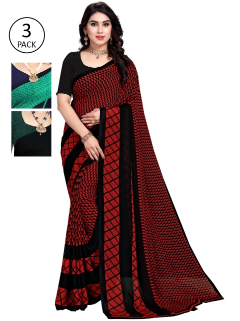 

KALINI Pack of 3 Poly Georgette Sarees, Green