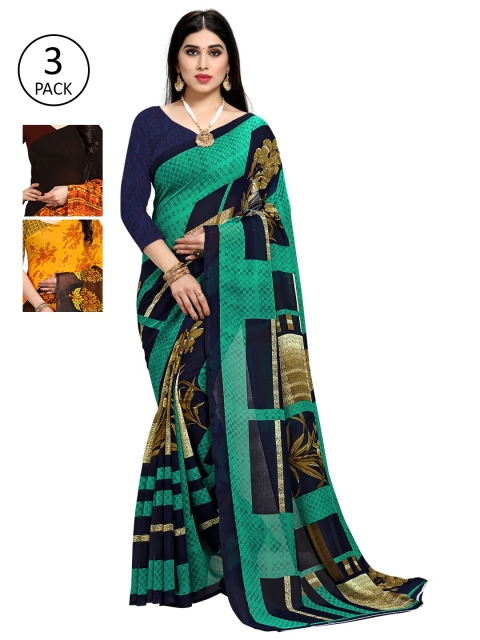

KALINI Navy Blue & Green Pack of 3 Floral Saree