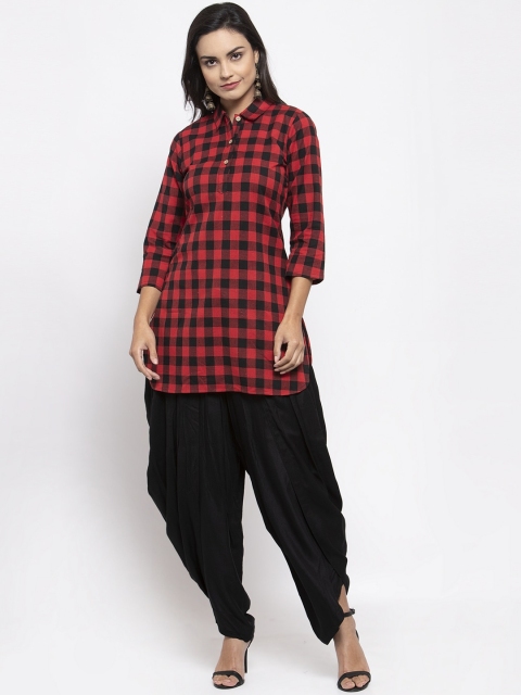 

Jompers Women Red and Black Checked Shirt Collar Pathani Kurta