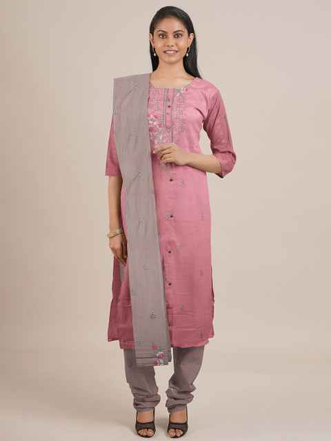

Pothys Pink & Grey Embroidered Unstitched Dress Material
