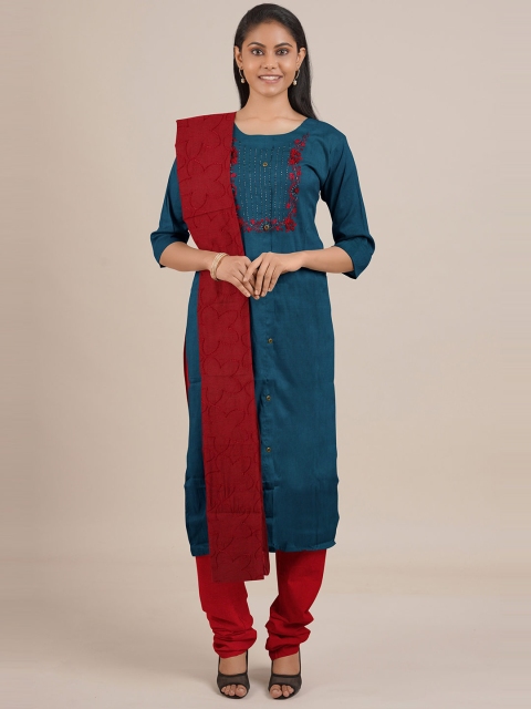 

Pothys Blue & Red Embroidered Unstitched Dress Material