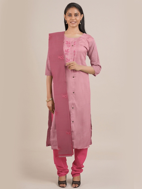 

Pothys Pink & Red Embroidered Unstitched Dress Material