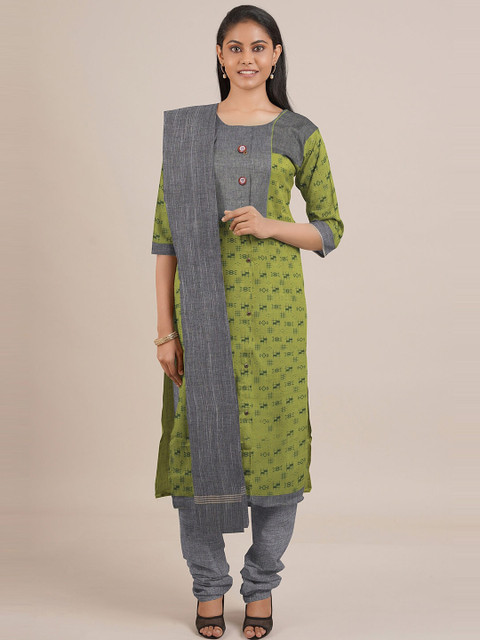

Pothys Green & Grey Printed Unstitched Dress Material