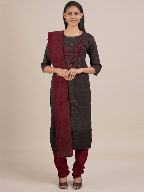 

Pothys Brown & Maroon Embroidered Unstitched Dress Material
