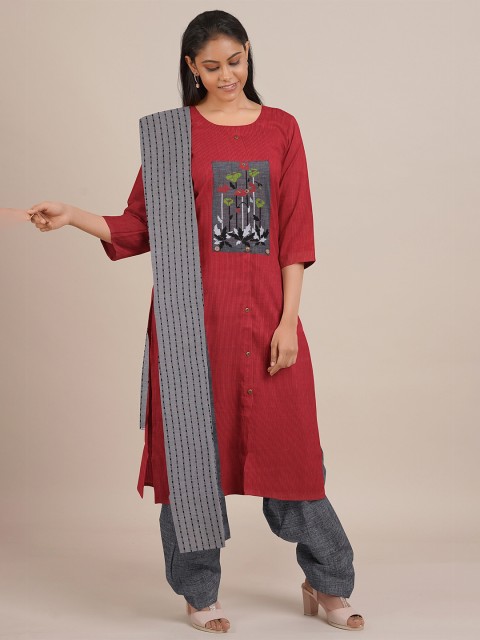 

Pothys Red & Grey Printed Unstitched Dress Material