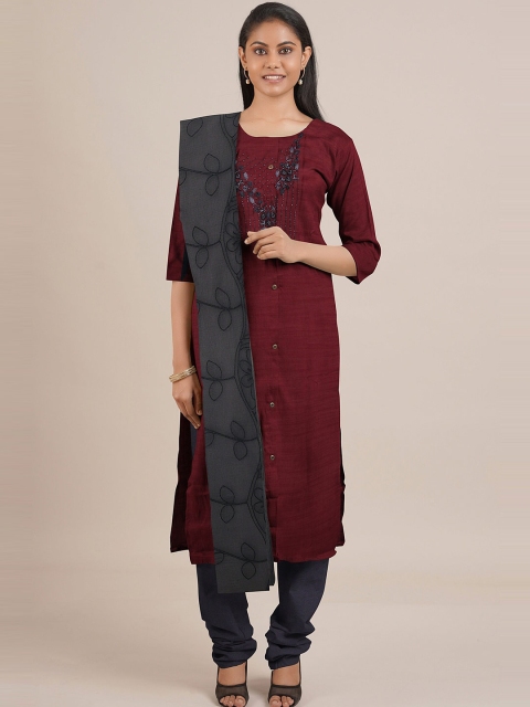 

Pothys Maroon & Grey Embroidered Unstitched Dress Material