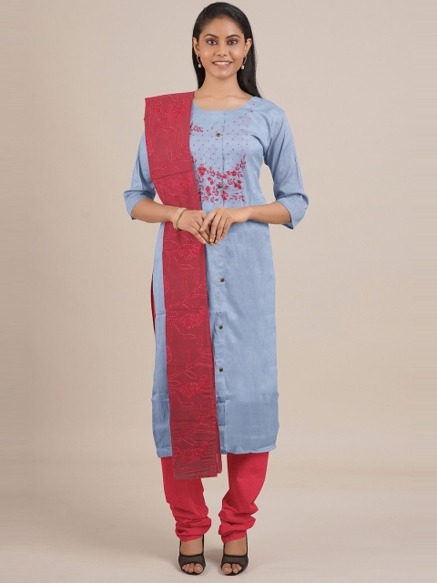 

Pothys Blue & Red Embroidered Unstitched Dress Material
