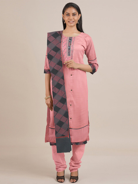 

Pothys Peach-Coloured & Blue Unstitched Dress Material