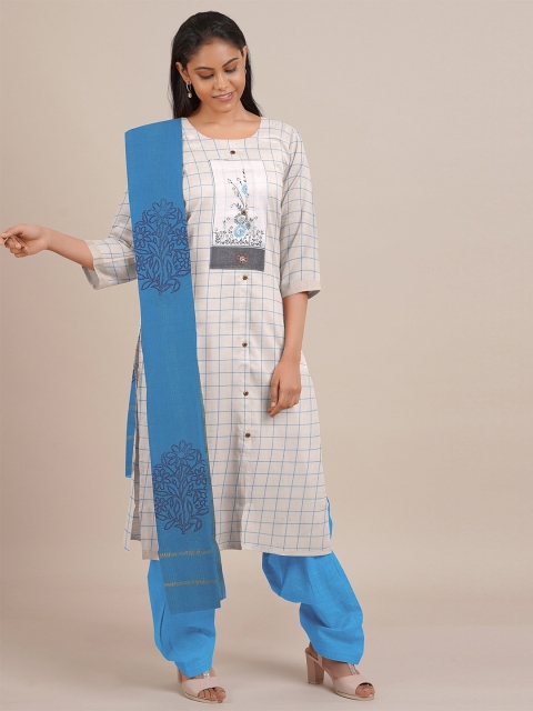 

Pothys Off White & Blue Printed Unstitched Dress Material