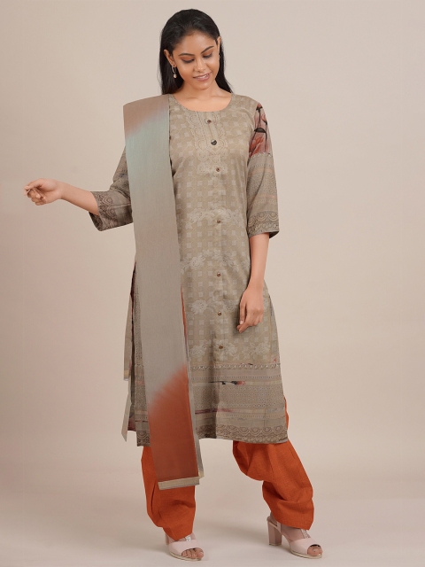 

Pothys Taupe & Orange Embroidered Unstitched Dress Material