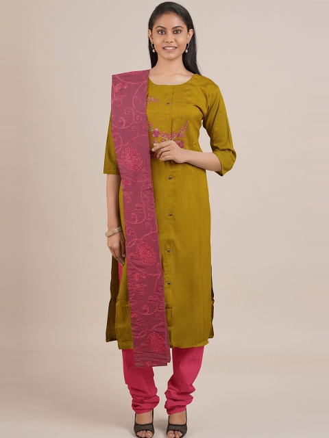 

Pothys Green & Pink Embroidered Unstitched Dress Material