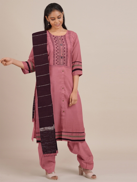 

Pothys Peach-Coloured & Maroon Unstitched Dress Material
