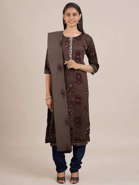 

Pothys Brown & Black Printed Unstitched Dress Material