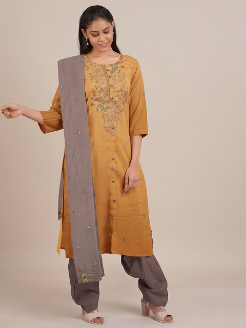 

Pothys Yellow & Grey Embroidered Unstitched Dress Material
