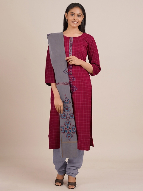 

Pothys Magenta Pink & Grey Printed Unstitched Dress Material