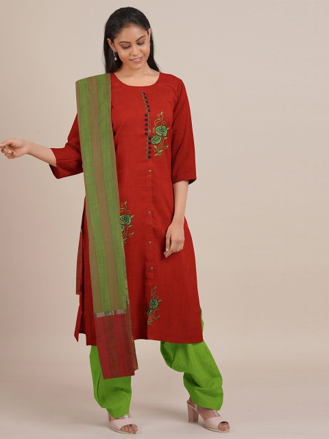 

Pothys Red & Green Embroidered Unstitched Dress Material