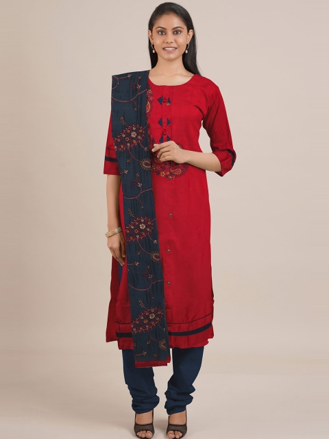 

Pothys Red & Navy Blue Unstitched Dress Material