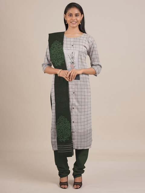 

Pothys Cream-Coloured & Green Printed Unstitched Dress Material