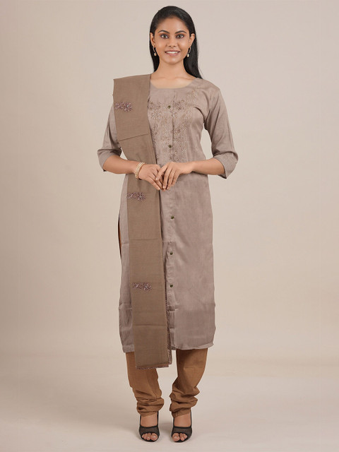 

Pothys Taupe Embroidered Unstitched Dress Material