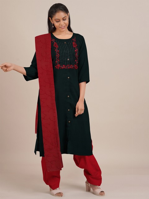 

Pothys Green & Red Embroidered Unstitched Dress Material