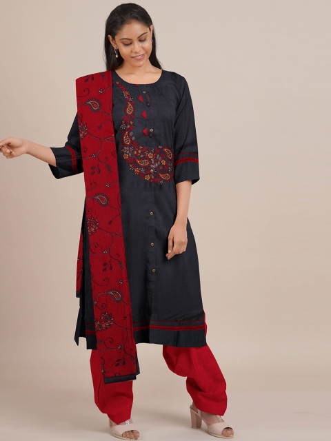 

Pothys Charcoal Grey & Red Embroidered Unstitched Dress Material