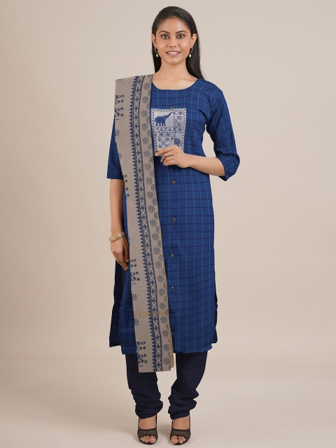 

Pothys Blue & Cream-Coloured Printed Unstitched Dress Material