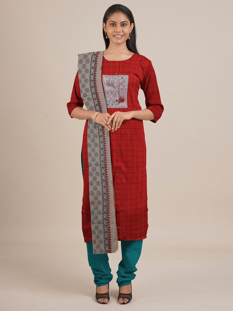 

Pothys Red & Green Printed Unstitched Dress Material