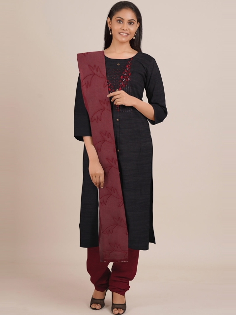 

Pothys Black & Red Embroidered Unstitched Dress Material