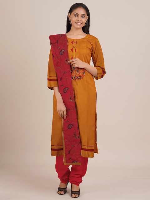 

Pothys Mustard Yellow & Red Embroidered Unstitched Dress Material