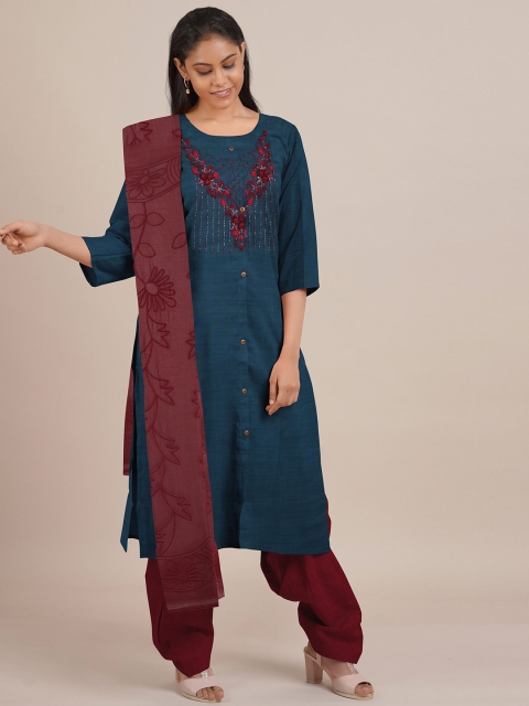 

Pothys Teal Green & Maroon Embroidered Unstitched Dress Material