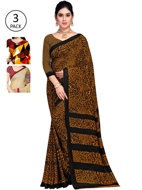 

KALINI Pack of 3 Poly Georgette Sarees, Beige