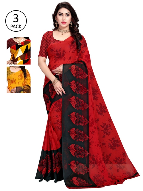 

KALINI Pack Of 3 Printed Sarees, Red