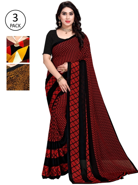 

KALINI Pack of 3 Poly Georgette Saree, Red