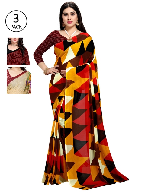 

KALINI Pack Of 3 Printed Sarees, Yellow