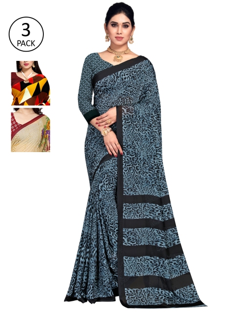 

KALINI Pack of 3 Poly Georgette Saree, Blue