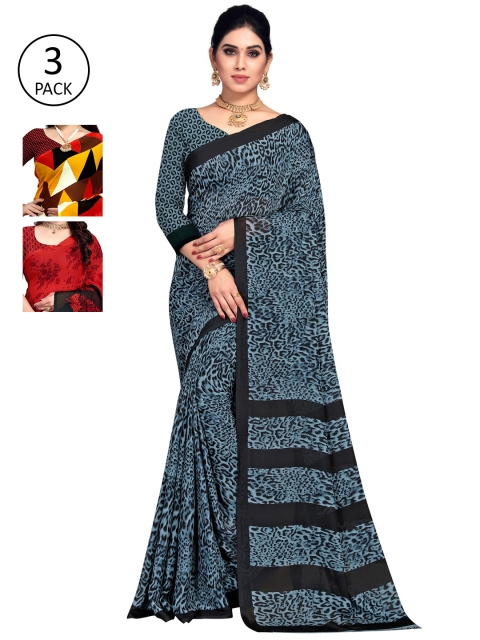 

KALINI Pack of 3 Poly Georgette Saree, Black