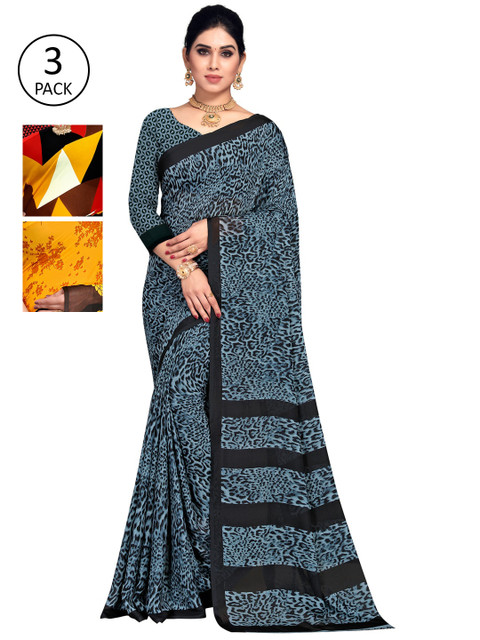 

KALINI Pack of 3 Black & Red Printed Poly Georgette Sarees