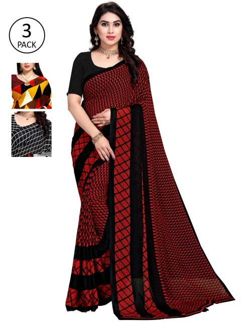 

KALINI Pack of 3 Black & Red Printed Poly Georgette Sarees